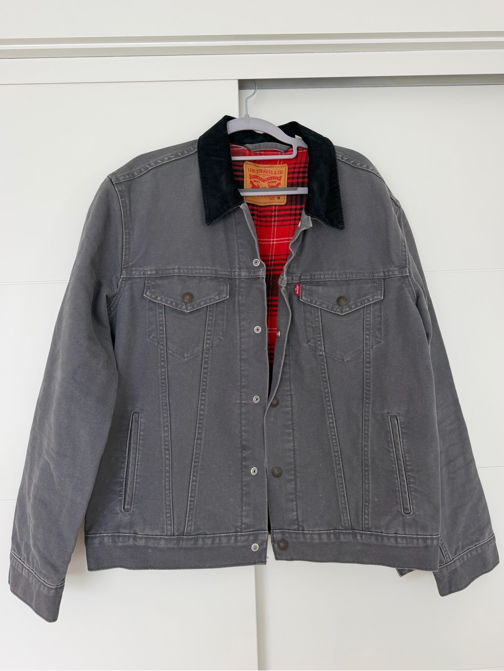 Men’s Levi's Gray Jacket with Black Corduroy Collar and Red Plaid Lining